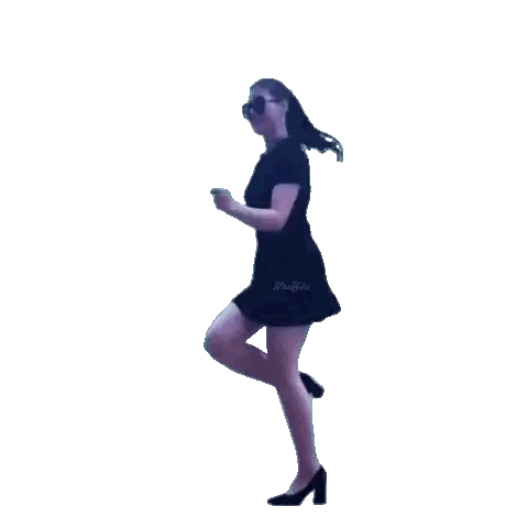 A Woman In A Black Dress Is Standing Next To A Rainbow Dressed Sign Sticker