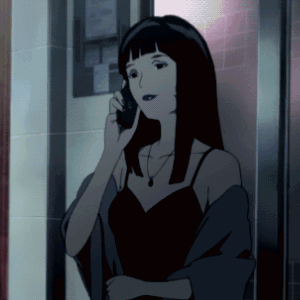 A Woman In A Black Dress Is Talking On A Cellphone GIF
