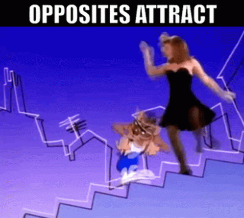 A Woman In A Black Dress Is Walking Up A Set Of Stairs Next To A Cartoon Character With The Words Opposites Attract Belo GIF