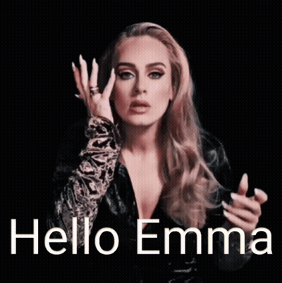 A Woman In A Black Dress Says Hello Emma In White Letters GIF