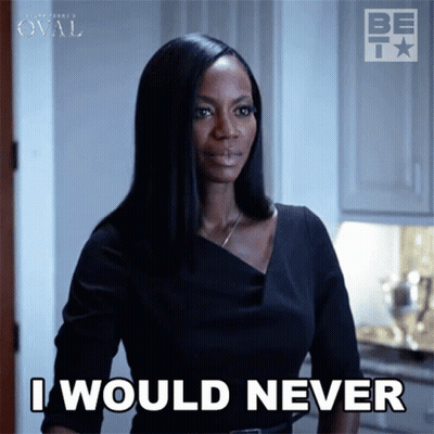 A Woman In A Black Dress Says I Would Never In A Kitchen GIF
