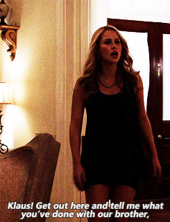 A Woman In A Black Dress Says " Klaus Get Out Here And Tell Me What You 'Ve Done With Our Brother GIF