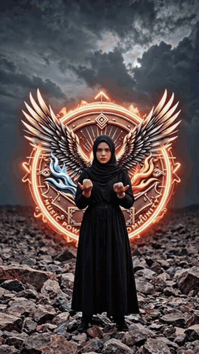 A Woman In A Black Dress Stands In Front Of A Circle That Says Music Power GIF