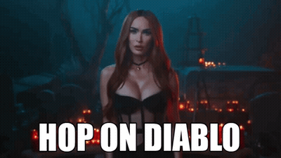 A Woman In A Black Dress With The Words Hop On Diablo Written On The Bottom GIF