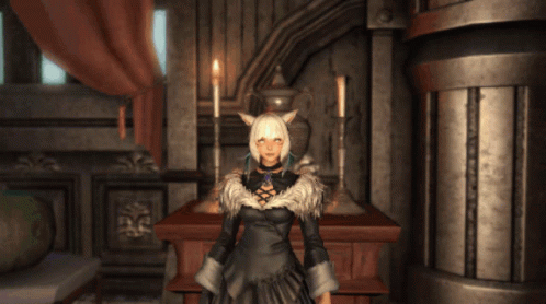 A Woman In A Black Dress With White Hair And Ears Is Waving Her Hand GIF