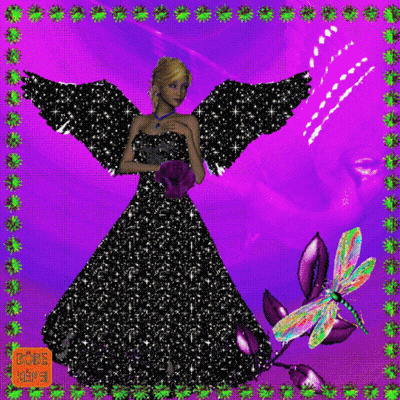 A Woman In A Black Dress With Wings Is Surrounded By Flowers And A Dragonfly GIF