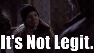 A Woman In A Black Hat Is Sitting In Front Of A Sign That Says " It 'S Not Legit " .. GIF