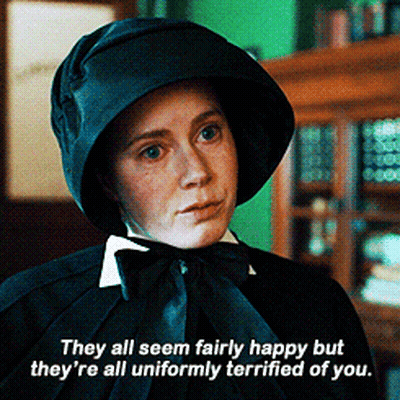 A Woman In A Black Hat Says They All Seem Fairly Happy But They 'Re All Uniformly Terrified Of You .. GIF