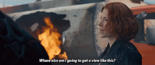 A Woman In A Black Jacket Says " Where Else Am I Going To Get A View Like This " In Front Of A Fire GIF