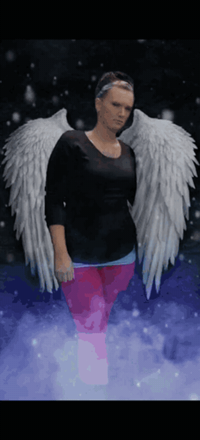 A Woman In A Black Shirt And Pink Pants Has Angel Wings GIF