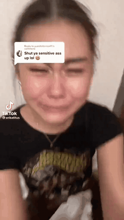 A Woman In A Black Shirt Is Crying With A Reply That Says " Shut Ya Sensitive Ass Up Lol " GIF