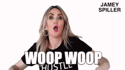 A Woman In A Black Shirt With The Word Woop On It GIF