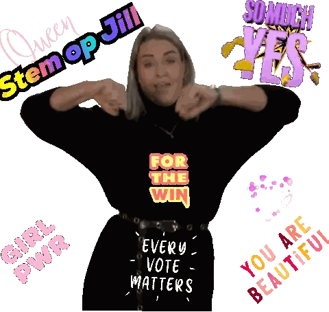 A Woman In A Black Shirt With The Words For The Win On It Sticker