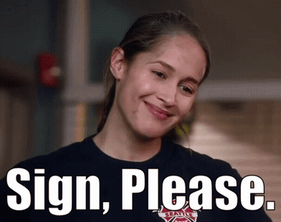 A Woman In A Black Shirt With The Words Sign Please On The Bottom GIF