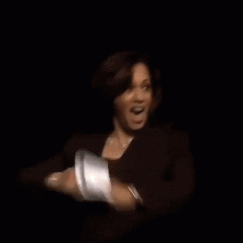 A Woman In A Black Suit Is Laughing In Front Of A Bear And A Flag . GIF