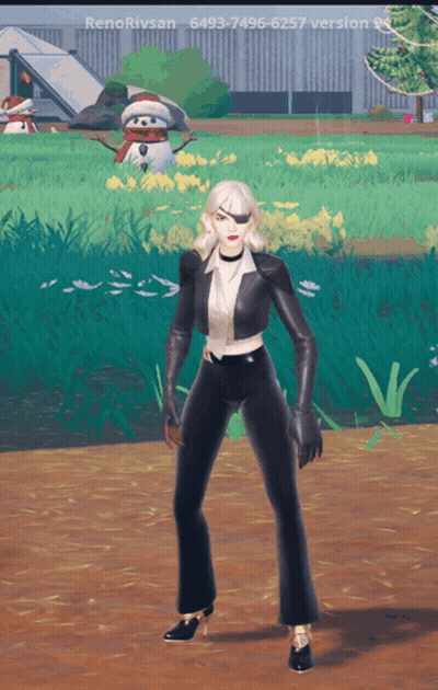 A Woman In A Black Suit Is Standing In Front Of A Snowman GIF
