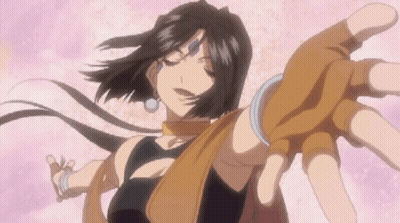 A Woman In A Black Top And Brown Gloves Is Reaching Out GIF
