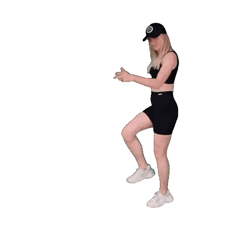 A Woman In A Black Top And Shorts Is Dancing With Her Arms Outstretched Sticker