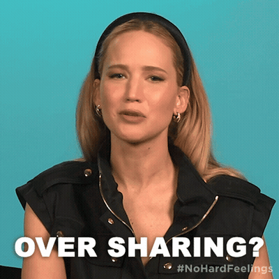 A Woman In A Black Vest Says Over Sharing On A Blue Background GIF