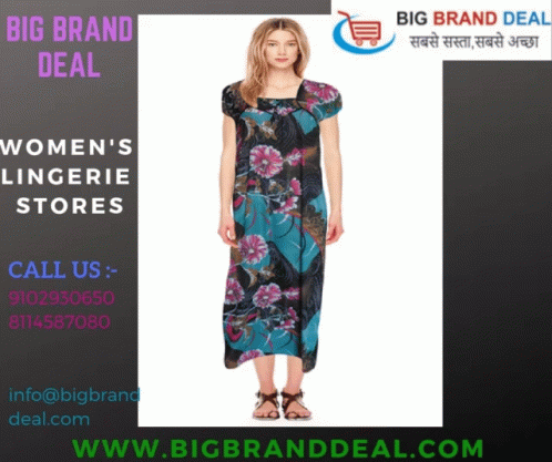 A Woman In A Blue And Black Floral Dress Is On A Big Brand Deal Advertisement GIF