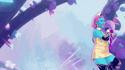 A Woman In A Blue And Gold Outfit Is Dancing GIF