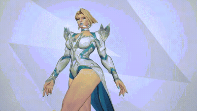 A Woman In A Blue And White Costume Is Standing In Front Of A Blue Background GIF