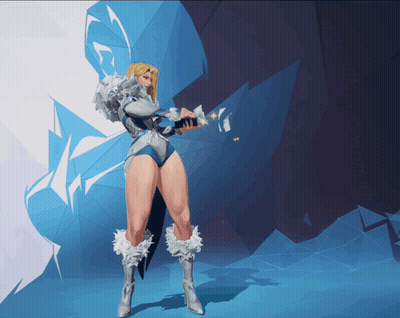 A Woman In A Blue And White Outfit Stands In Front Of A Blue Background GIF