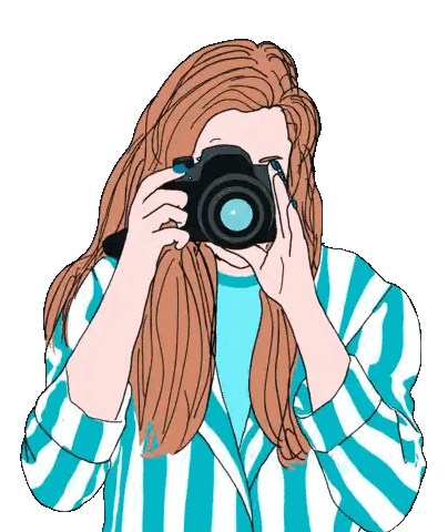 A Woman In A Blue And White Striped Jacket Is Taking A Picture With A Camera Sticker