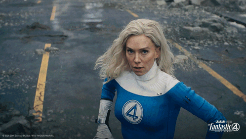 A Woman In A Blue And White Superhero Costume Is Featured In A Fantastic 4 Poster GIF