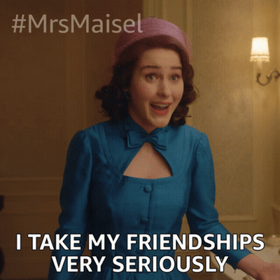 A Woman In A Blue Dress And A Purple Hat Says I Take My Friendships Very Seriously GIF