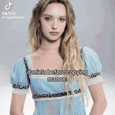 A Woman In A Blue Dress Has A Tiktok Video Of Daniela Before Copying Manon GIF