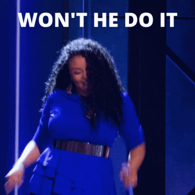 A Woman In A Blue Dress Is Dancing With The Words Won 'T He Do It Behind Her GIF