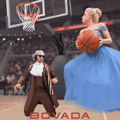 A Woman In A Blue Dress Is Holding A Basketball In Front Of A Man In A Suit With The Word Bovada On The Bottom GIF