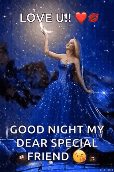 A Woman In A Blue Dress Is Holding A Crescent Moon And Wishing A Good Night To Her Dear Special Friend . GIF
