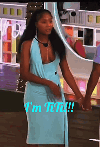 A Woman In A Blue Dress Is Holding A Man 'S Hand And Says " I 'M Tiny " On The Bottom GIF