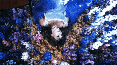 A Woman In A Blue Dress Is Laying On Her Back In A Field Of Blue Flowers GIF