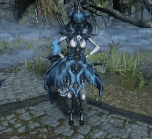 A Woman In A Blue Dress Is Riding A Horse GIF