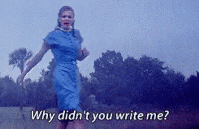 A Woman In A Blue Dress Is Running In A Field And Asking Why Didn 'T You Write Me . GIF
