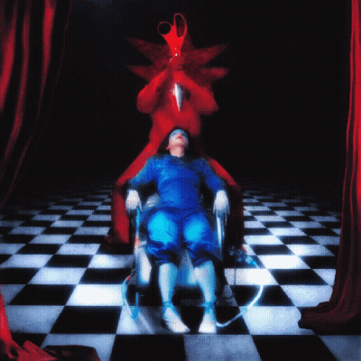 A Woman In A Blue Dress Is Sitting In A Chair In Front Of A Red Curtain With A Pair Of Scissors On Her Head GIF