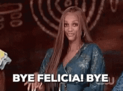 A Woman In A Blue Dress Is Smiling And Saying `` Bye Felicia ! Bye '' . GIF