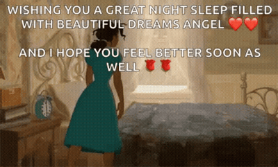 A Woman In A Blue Dress Is Standing In Front Of A Bed With The Words Wishing You A Great Night Sleep Filled GIF