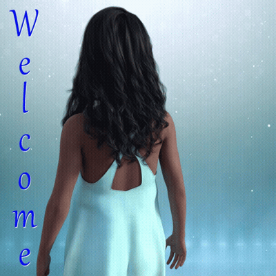 A Woman In A Blue Dress Is Standing In Front Of A Blue Background That Says Welcome GIF