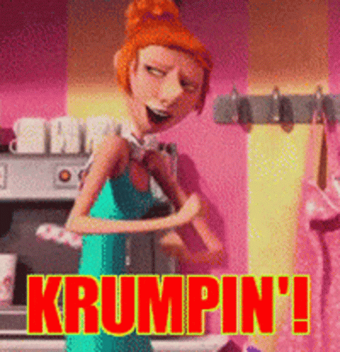 A Woman In A Blue Dress Is Standing In Front Of A Stove With The Words Krumpin ' Written Above Her GIF