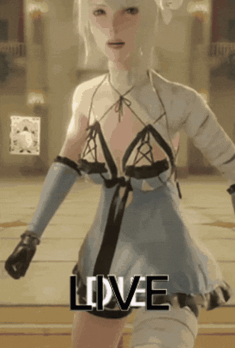 A Woman In A Blue Dress Is Standing In Front Of The Word Love GIF