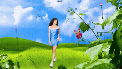 A Woman In A Blue Dress Is Walking Through A Field With Butterflies Flying Around Her GIF
