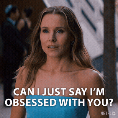 A Woman In A Blue Dress Says " Can I Just Say I 'M Obsessed With You ? " GIF