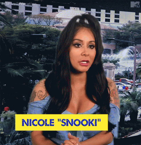 A Woman In A Blue Dress With The Name Nicole Snooki GIF