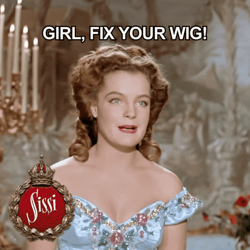 A Woman In A Blue Dress With The Words Girl Fix Your Wig Behind Her GIF