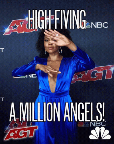 A Woman In A Blue Dress With The Words High Fiving A Million Angels On The Bottom GIF