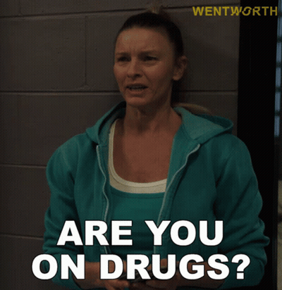 A Woman In A Blue Hoodie Is Asking If She Is On Drugs GIF